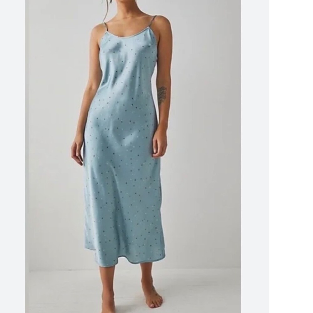 Intimately Free People Blue Heart Print Satin Midi Slip Dress Women's Small EUC